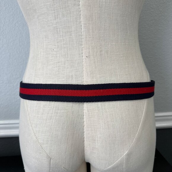 Vintage YSL 1980s Womens Surcingle Belt Red Blue Striped Canvas Preppy Ivy 34\